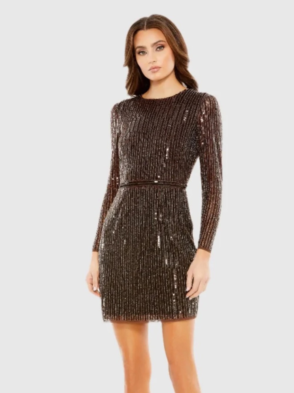 new Mac Duggal Brown Long Sleeve Sequin Mini Dress espresso beaded cocktail wear